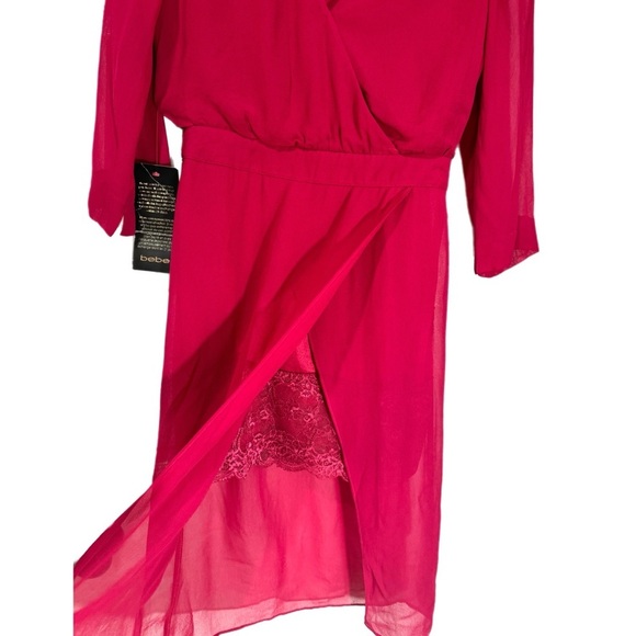 NWT Bebe Womens Raspberry Pink Chiffon Faux Wrap Midi Dress 3/4 Sleeve Size 4 - Picture 13 of 16